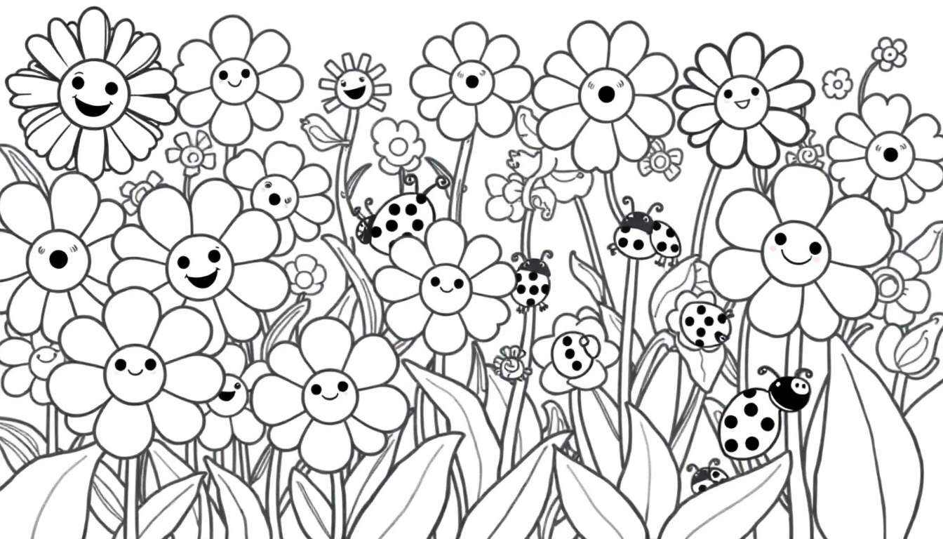 Placa de color: Un dibujo lineal en blanco y negro de un jardín con flores sonrientes y mariquitas curiosas, listo para colorear.