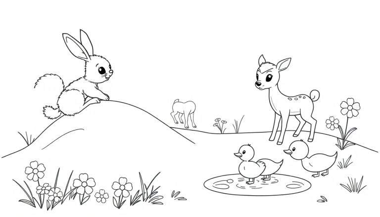 Página para colorear en blanco y negro de adorables crías de animales jugando juntas en un prado soleado. Hay un conejo, un ciervo joven, dos patitos y otro ciervo más alejado.