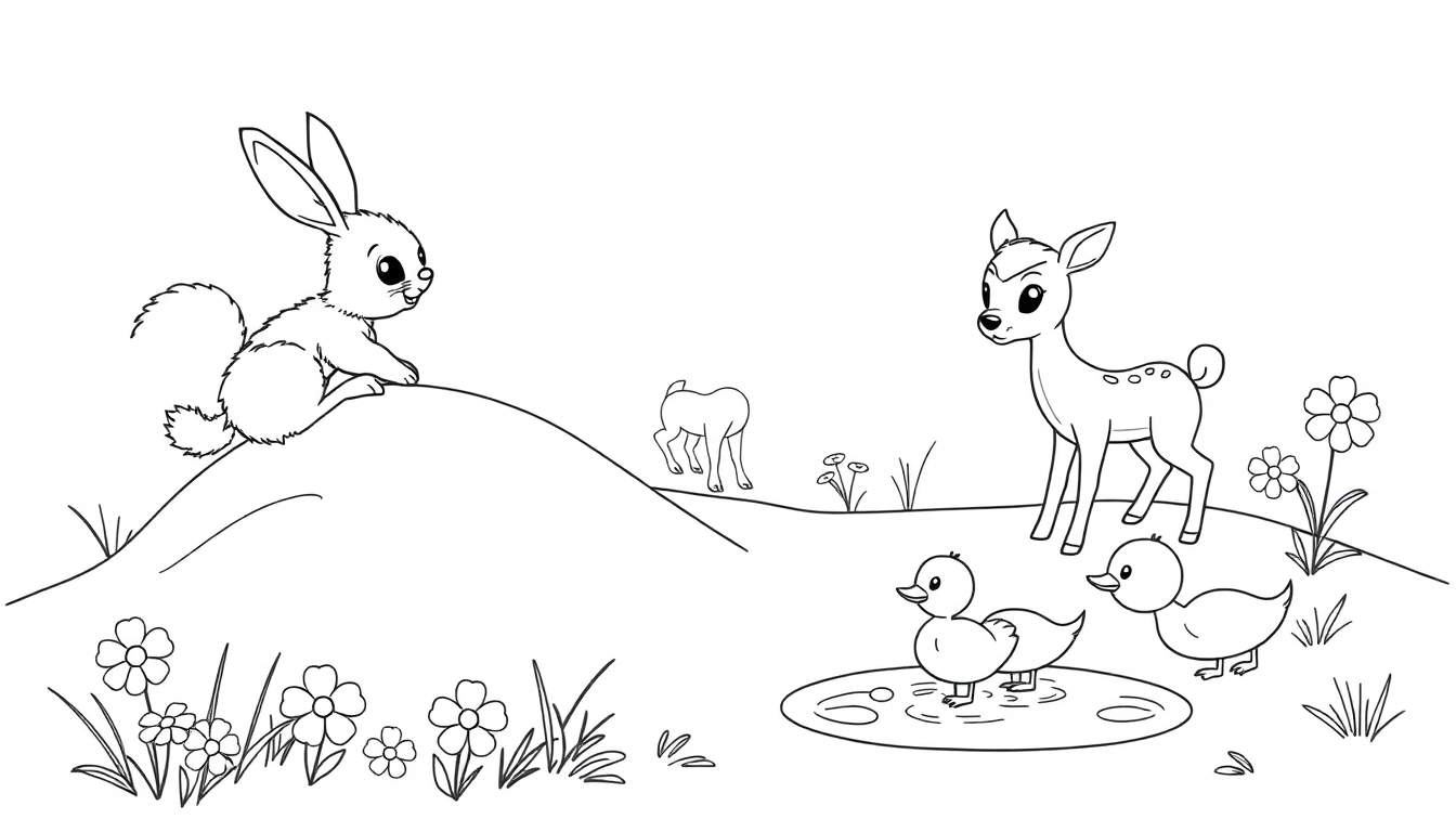 Página para colorear en blanco y negro de adorables crías de animales jugando juntas en un prado soleado. Hay un conejo, un ciervo joven, dos patitos y otro ciervo más alejado.