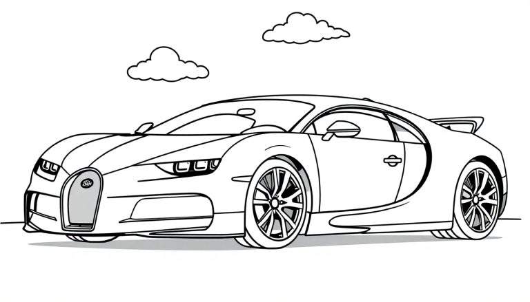 Dibujo lineal simple de un coche deportivo Bugatti para colorear, con líneas gruesas y cielo con nubes.