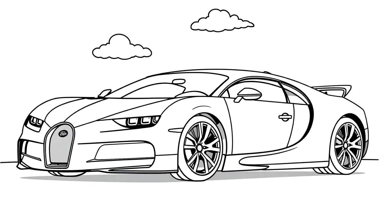 Dibujo lineal simple de un coche deportivo Bugatti para colorear, con líneas gruesas y cielo con nubes.