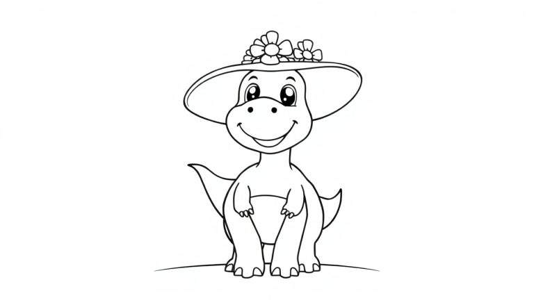 Un dinosaurio sonriente de dibujos animados con un sombrero de flores, listo para ser coloreado en una placa de color.