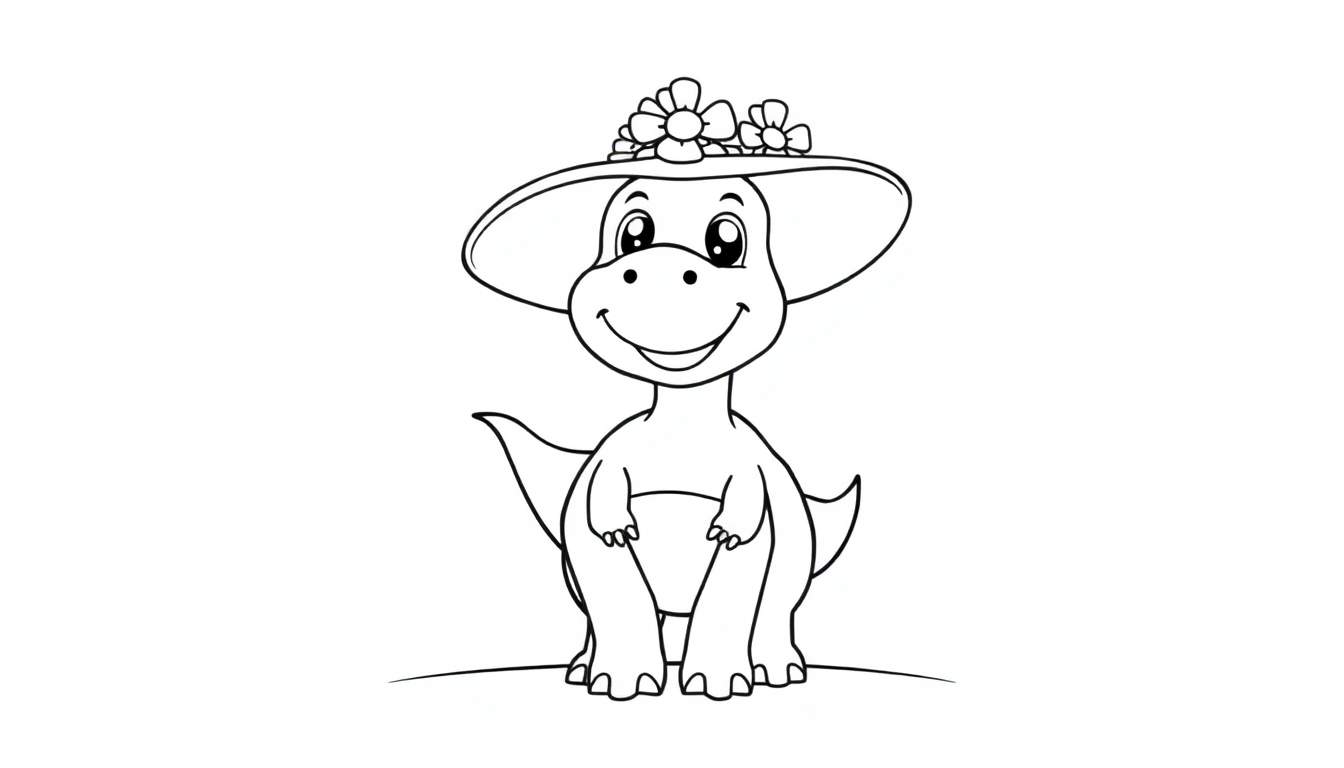 Un dinosaurio sonriente de dibujos animados con un sombrero de flores, listo para ser coloreado en una placa de color.