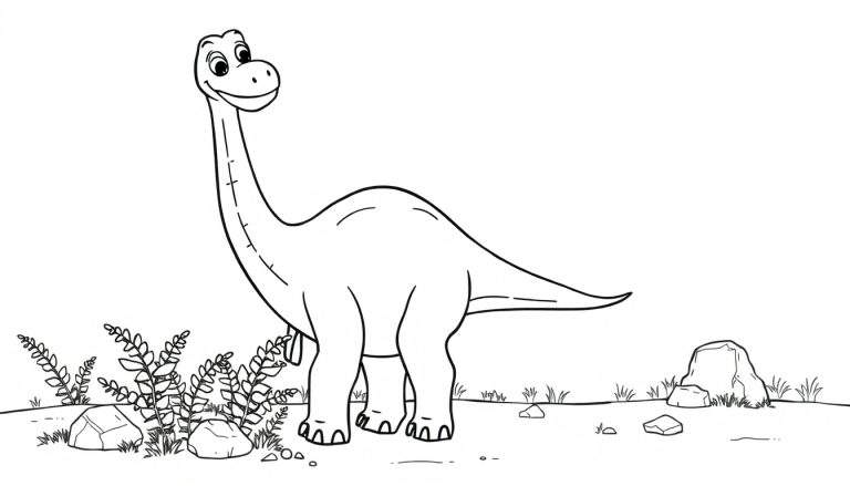 Un dibujo lineal en blanco y negro de un Braquiosaurio amigable sonriendo con una placa de color.