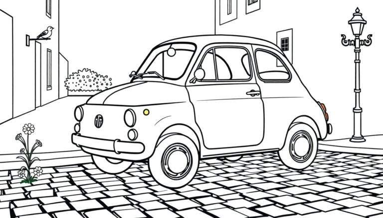 Un coche clásico Fiat 500 listo para ser coloreado, con detalles en blanco y negro y una calle adoquinada.