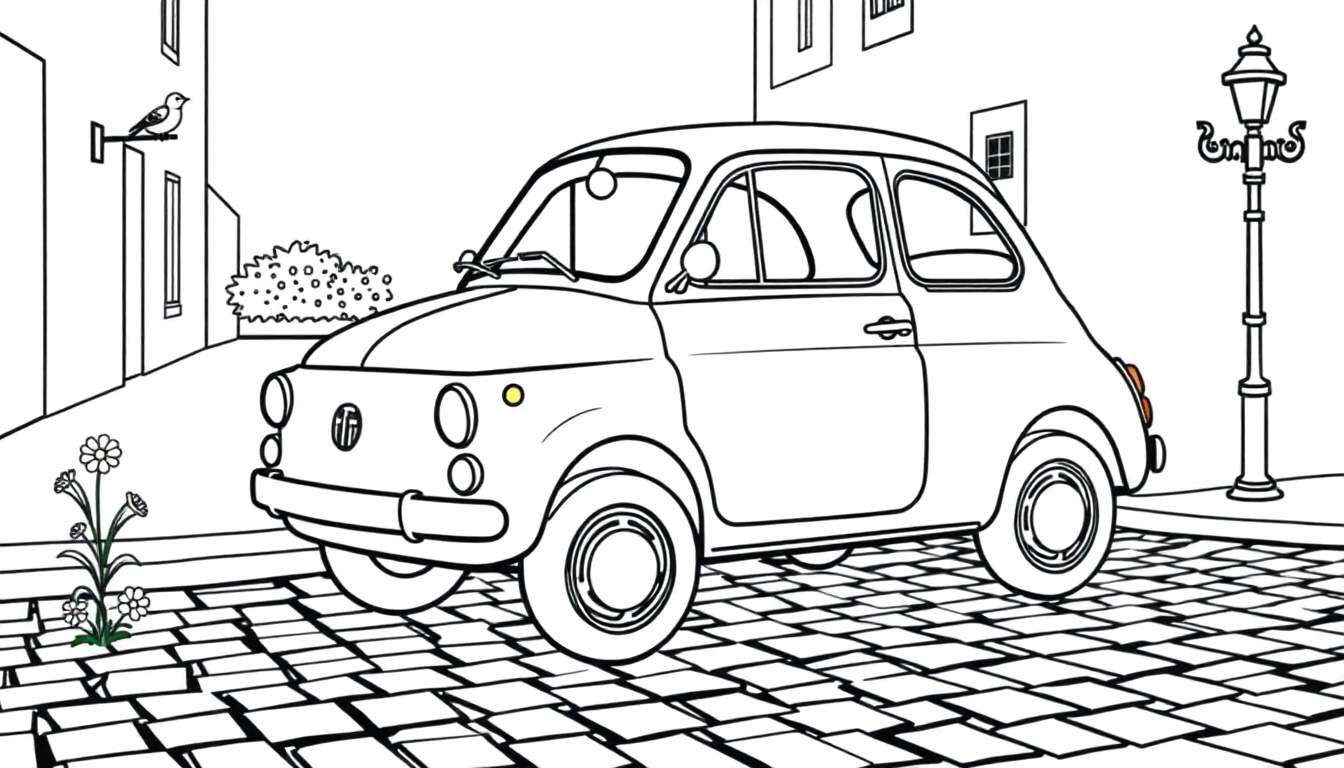 Un coche clásico Fiat 500 listo para ser coloreado, con detalles en blanco y negro y una calle adoquinada.