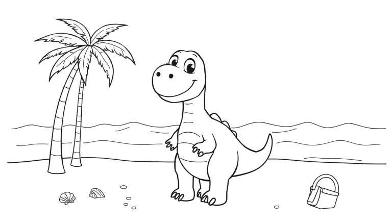 Placa de color de un dinosaurio sonriente en una playa soleada con una palmera, el mar y juguetes de playa.