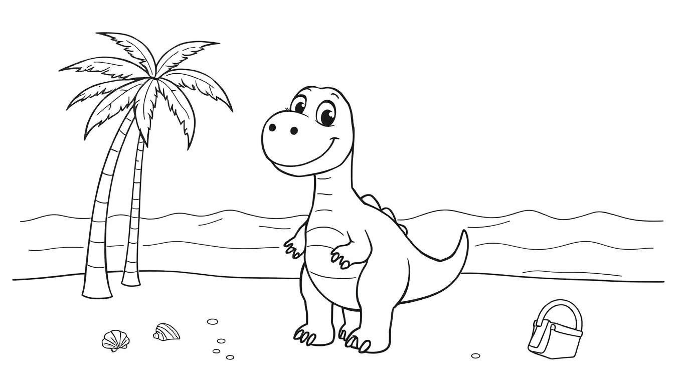 Placa de color de un dinosaurio sonriente en una playa soleada con una palmera, el mar y juguetes de playa.