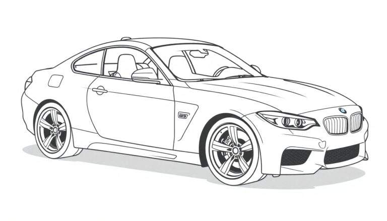 Dibujo de un coche deportivo BMW para colorear, listo para añadirle tu propia placa de color.