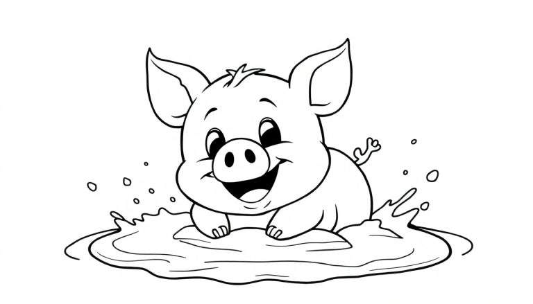 Un cerdito sonriente con grandes orejas y nariz chapata, chapoteando felizmente en un charco de agua, para colorear en la placa de color.