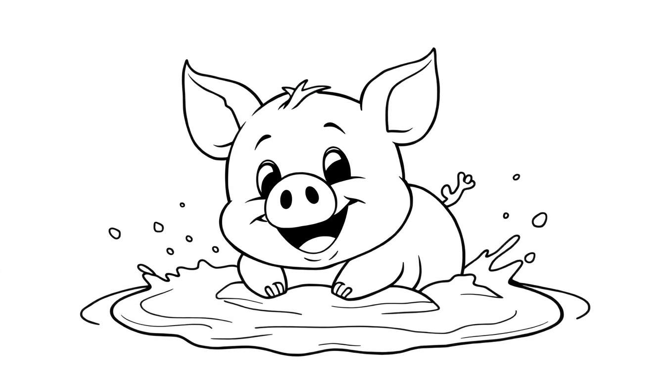 Un cerdito sonriente con grandes orejas y nariz chapata, chapoteando felizmente en un charco de agua, para colorear en la placa de color.