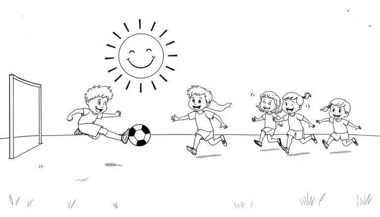 Niños jugando al fútbol en un campo con un sol sonriente, página para colorear en blanco y negro, con una pelota y portería.