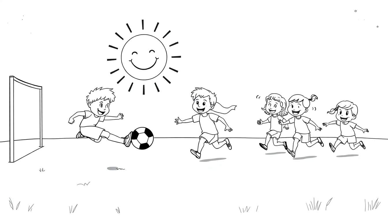 Niños jugando al fútbol en un campo con un sol sonriente, página para colorear en blanco y negro, con una pelota y portería.