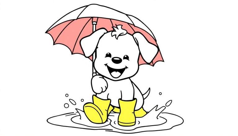 Una placa de color de un cachorro blanco con botas amarillas y paraguas rojo y blanco chapoteando en un charco.