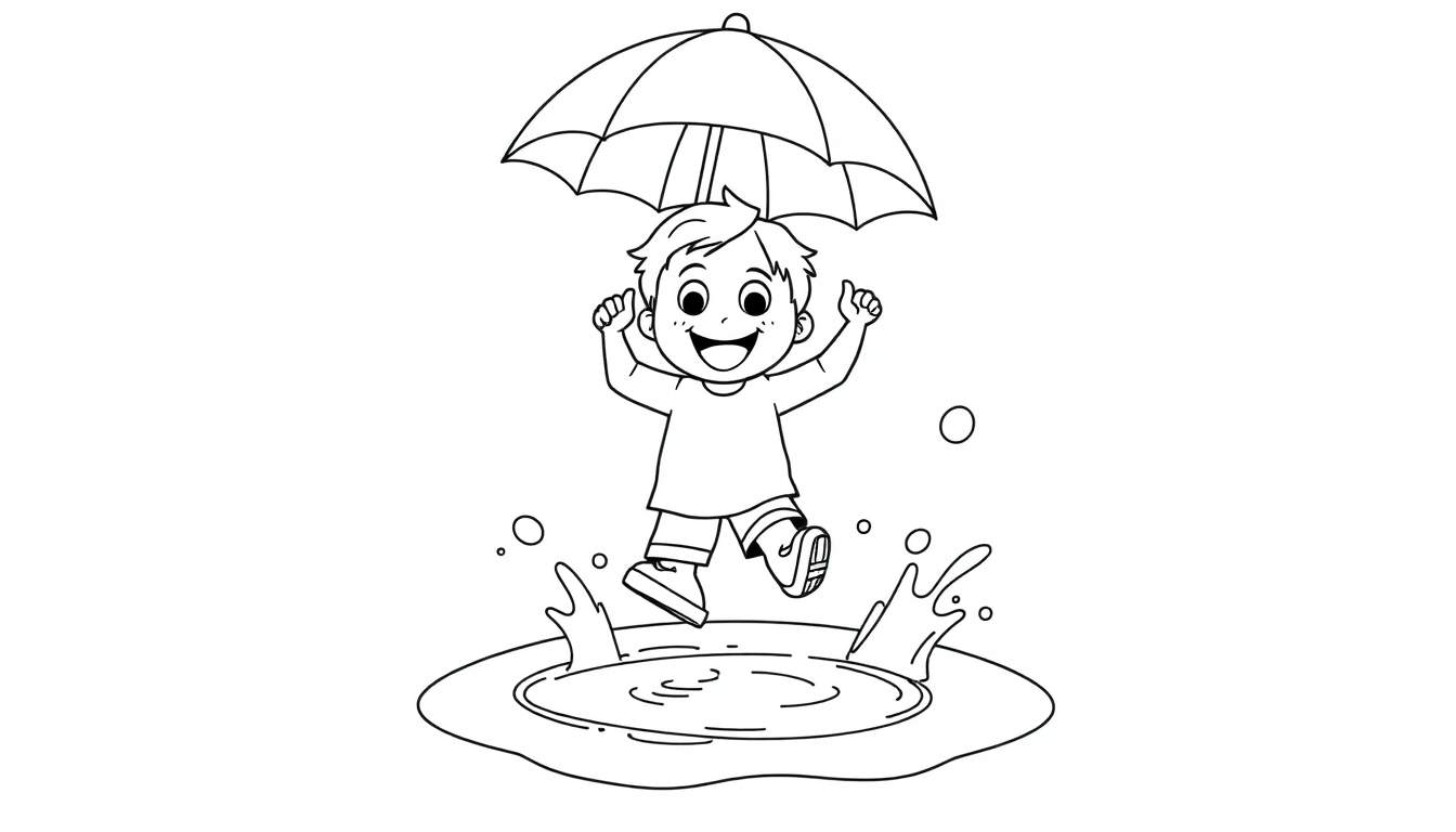 Placa de color de un niño feliz saltando en un charco bajo la lluvia con un paraguas.