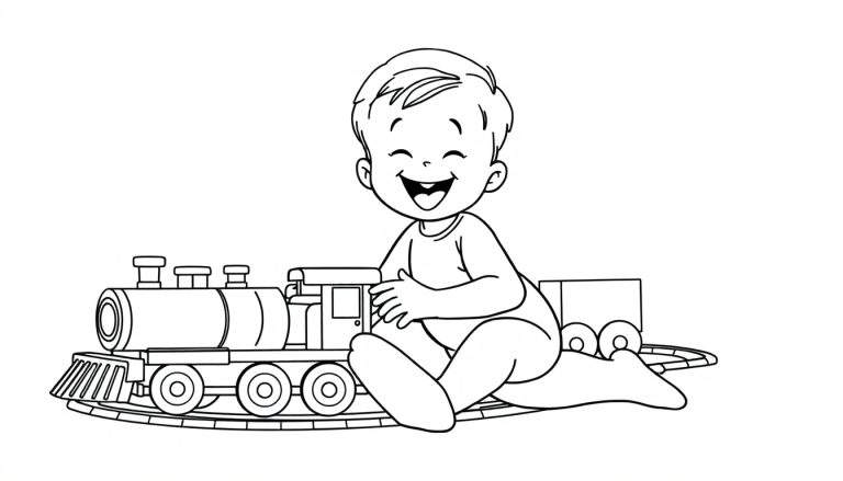 Placa de color de un bebé riendo jugando con un tren de juguete.