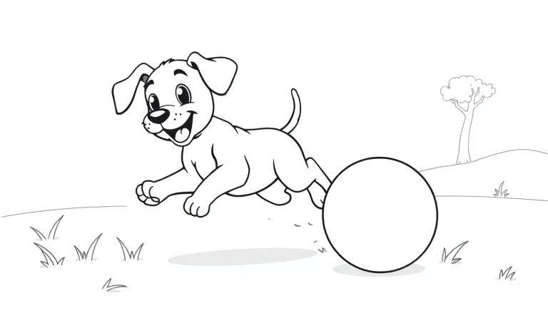 Un cachorro corriendo felizmente con una pelota, diseño de placa de color.