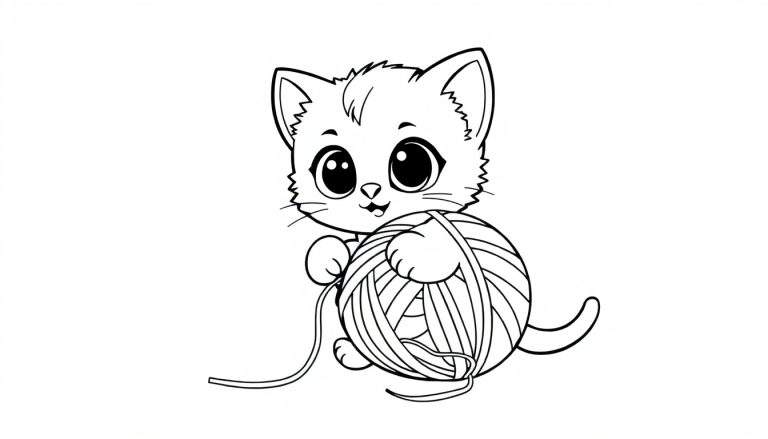 Un lindo gatito chibi jugando con una pelota de estambre, estilo de placa de color en blanco y negro.