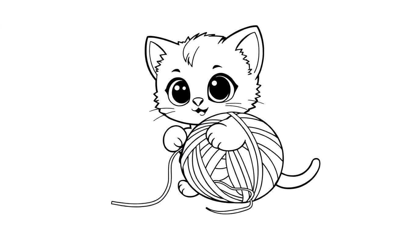 Un lindo gatito chibi jugando con una pelota de estambre, estilo de placa de color en blanco y negro.