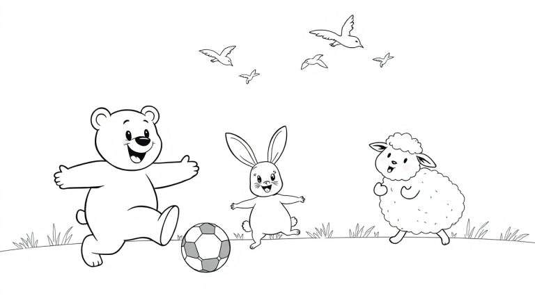 Placa de color: oso, conejo y oveja jugando a la pelota en un campo de hierba.