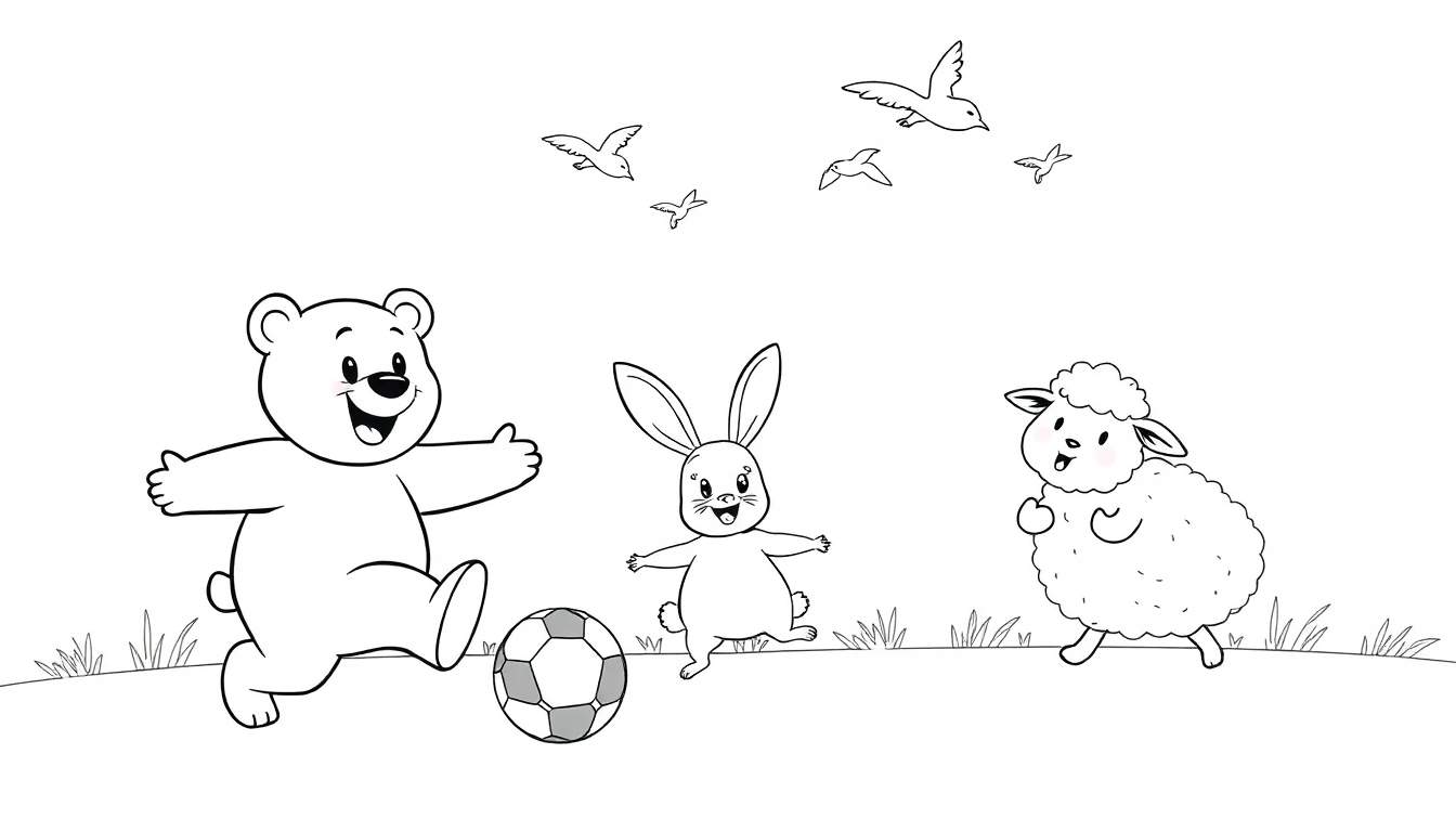 Placa de color: oso, conejo y oveja jugando a la pelota en un campo de hierba.
