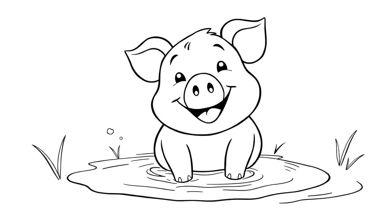 Placa de color de un cerdito sonriente en un charco.