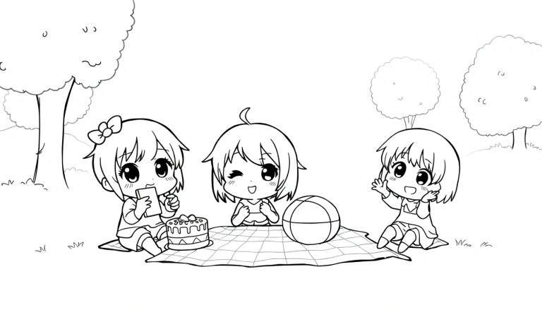Tres chicas de estilo chibi en un picnic, listas para colorear la placa.