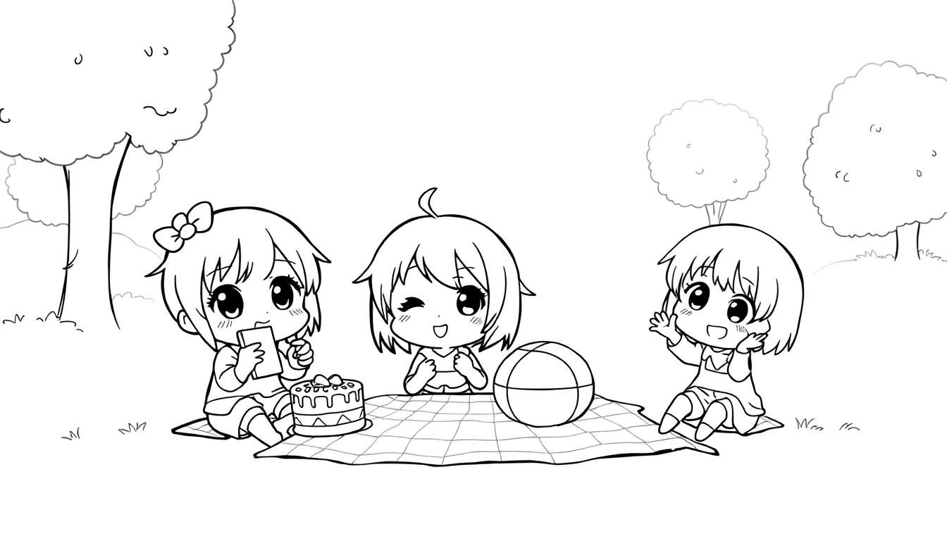 Tres chicas de estilo chibi en un picnic, listas para colorear la placa.