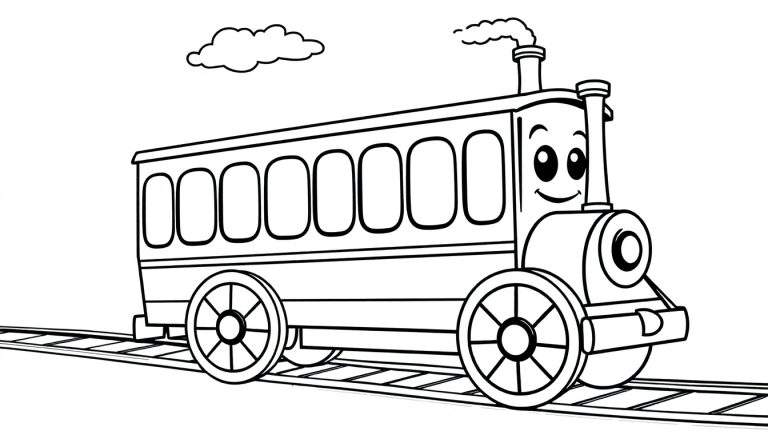 Un tren amigable de estilo de dibujo lineal sobre una vía, listo para colorear, con chimenea de humo y una placa de color.