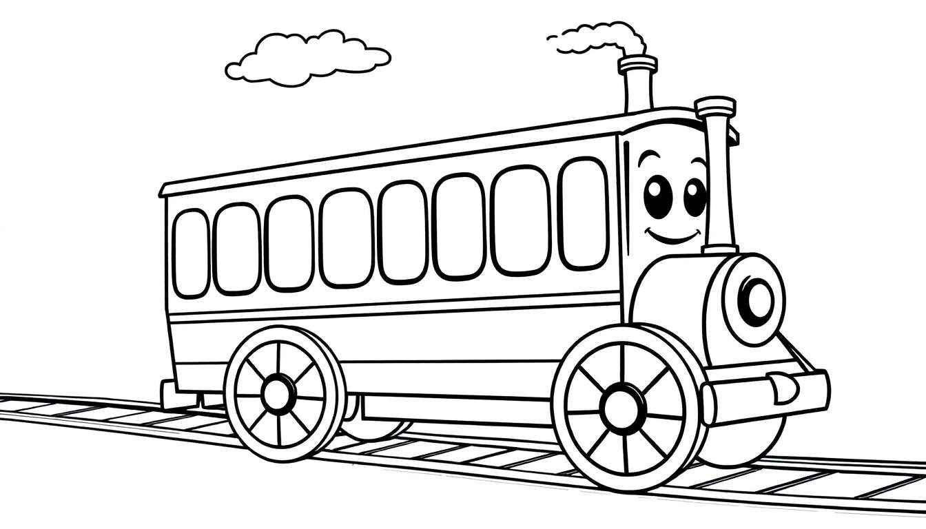 Un tren amigable de estilo de dibujo lineal sobre una vía, listo para colorear, con chimenea de humo y una placa de color.