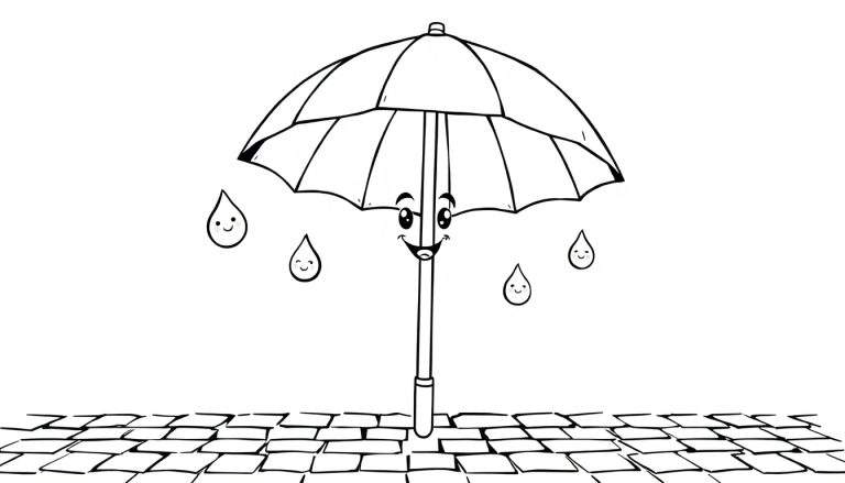 Un paraguas sonriente y gotas de lluvia amigables en una placa de color para colorear.