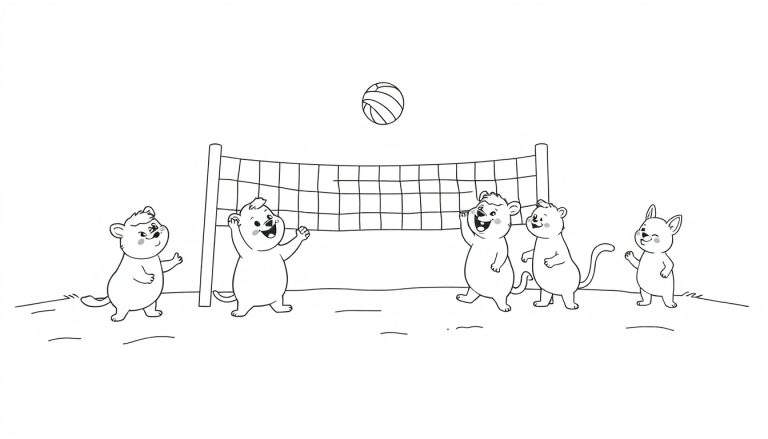 Página para colorear de una placa de color con animales jugando voleibol en la playa.