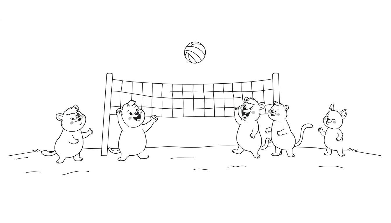 Página para colorear de una placa de color con animales jugando voleibol en la playa.