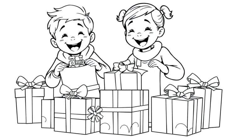 Placa de color: dos niños abriendo regalos de Navidad, uno con un tren de juguete, ambos sonriendo.