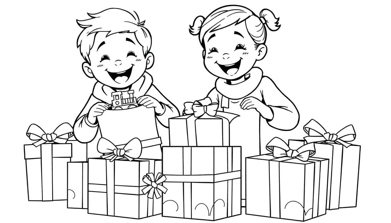 Placa de color: dos niños abriendo regalos de Navidad, uno con un tren de juguete, ambos sonriendo.