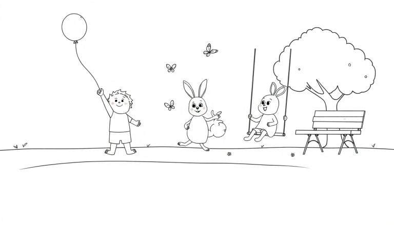 Placa de color para colorear de un niño y dos conejos jugando en un parque.
