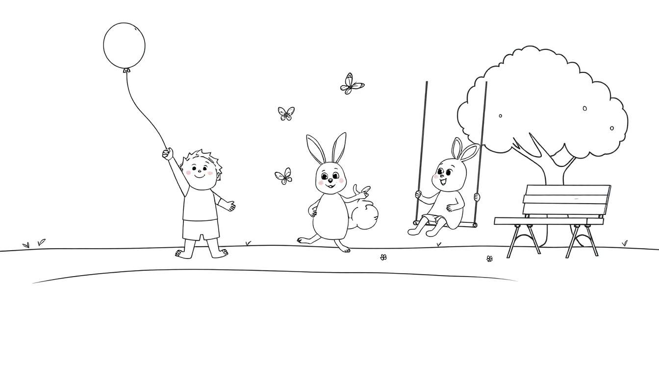 Placa de color para colorear de un niño y dos conejos jugando en un parque.