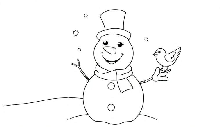 Un muñeco de nieve sonriente con un sombrero de copa, bufanda y un pájaro en su mano, listo para colorear en una placa de color.