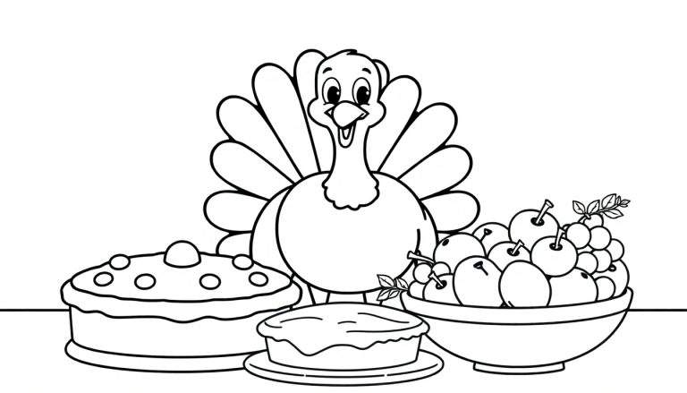 Página para colorear en blanco y negro de un pavo sonriente en un festín de Acción de Gracias con un pastel y frutas en una placa de color.