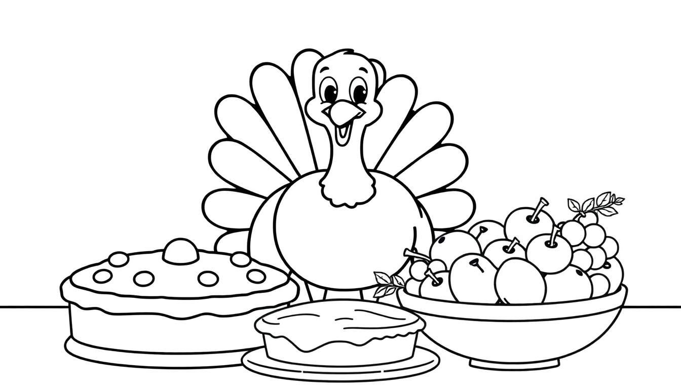Página para colorear en blanco y negro de un pavo sonriente en un festín de Acción de Gracias con un pastel y frutas en una placa de color.