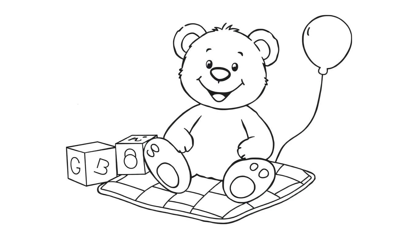 Página para colorear de un osito de peluche sonriente en una manta a cuadros con bloques de letras y un globo, invitando a colorear la placa.