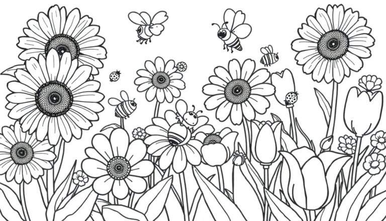 Placa de color: jardín de flores con abejas y mariquitas.