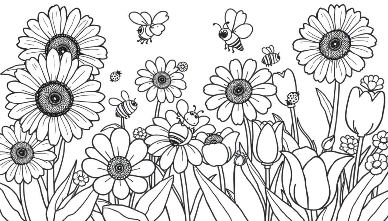 Placa de color: jardín de flores con abejas y mariquitas.
