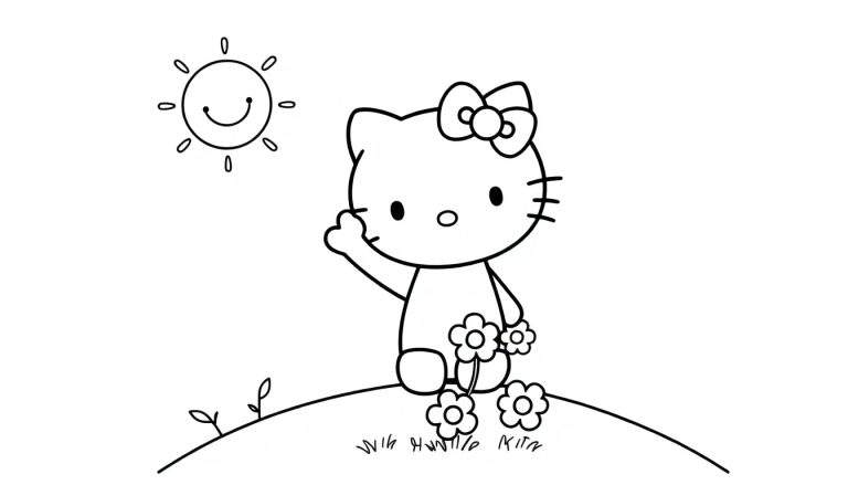 Placa de color de Hello Kitty sonriendo y saludando con un lazo y flores.