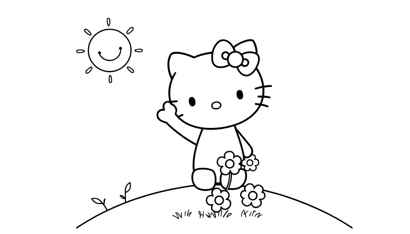 Placa de color de Hello Kitty sonriendo y saludando con un lazo y flores.