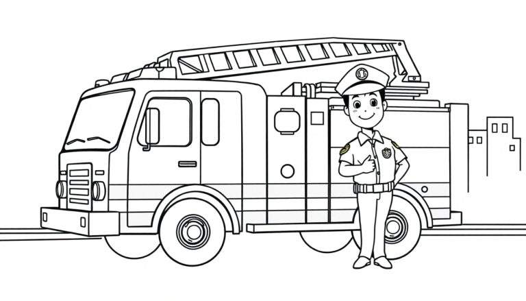 Página para colorear de un camión de bomberos amigable y un policía con la palabra 'placa de color' en la imagen.