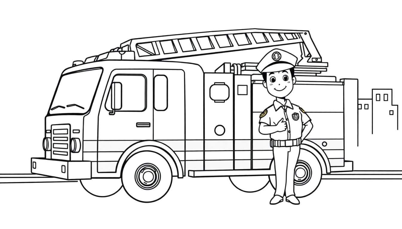 Página para colorear de un camión de bomberos amigable y un policía con la palabra 'placa de color' en la imagen.