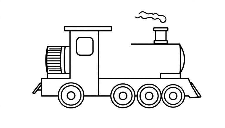 Un tren de vapor de juguete para colorear con contornos negros y blancos, listo para la diversión de la placa de color.