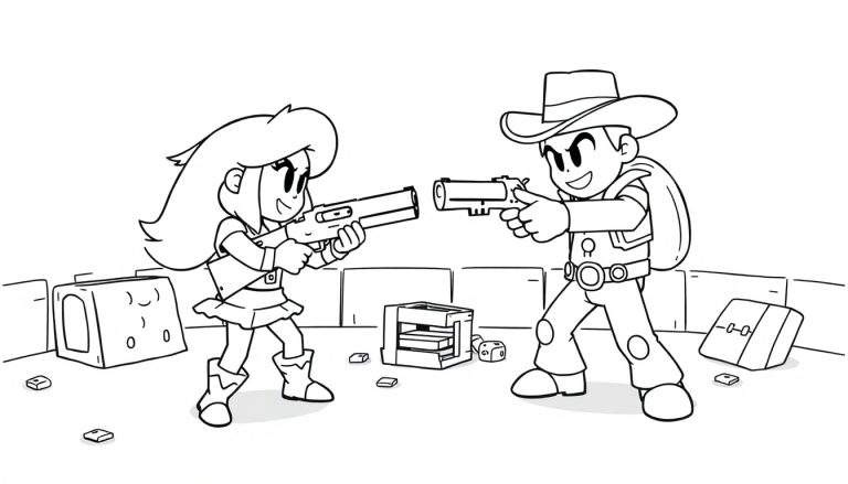 Niña y niño vaquero listos para un duelo amistoso, página para colorear de placa de color.