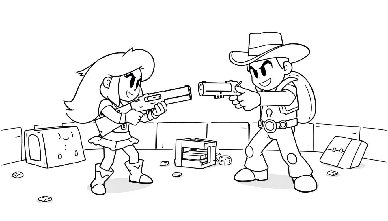 Niña y niño vaquero listos para un duelo amistoso, página para colorear de placa de color.